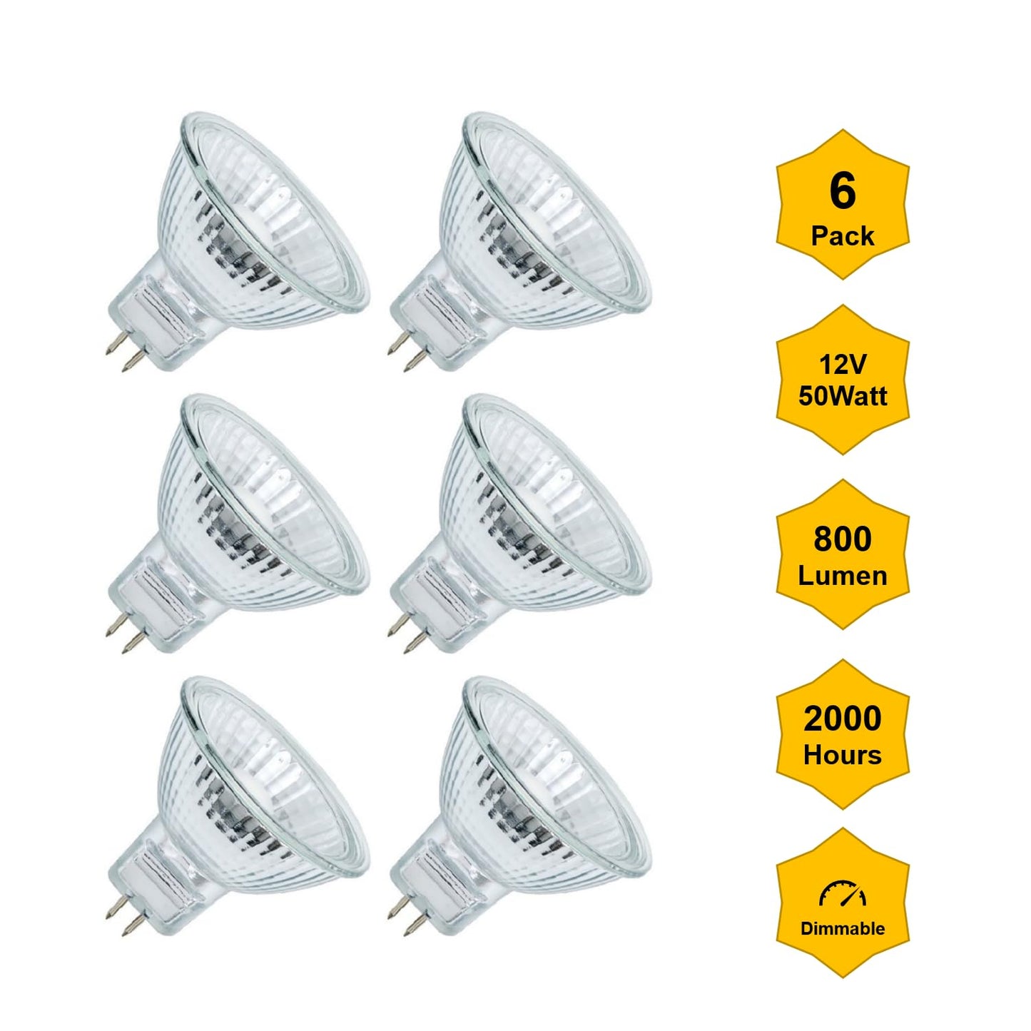 Phoenimax 6PCs MR16 12V 50W EXN High Output 800LM Halogen Bulb GU5.3 Pin Base, 2-Inch 38° Beam Angle, UV Stop Tempered Glass Cover, Dimmable Spot