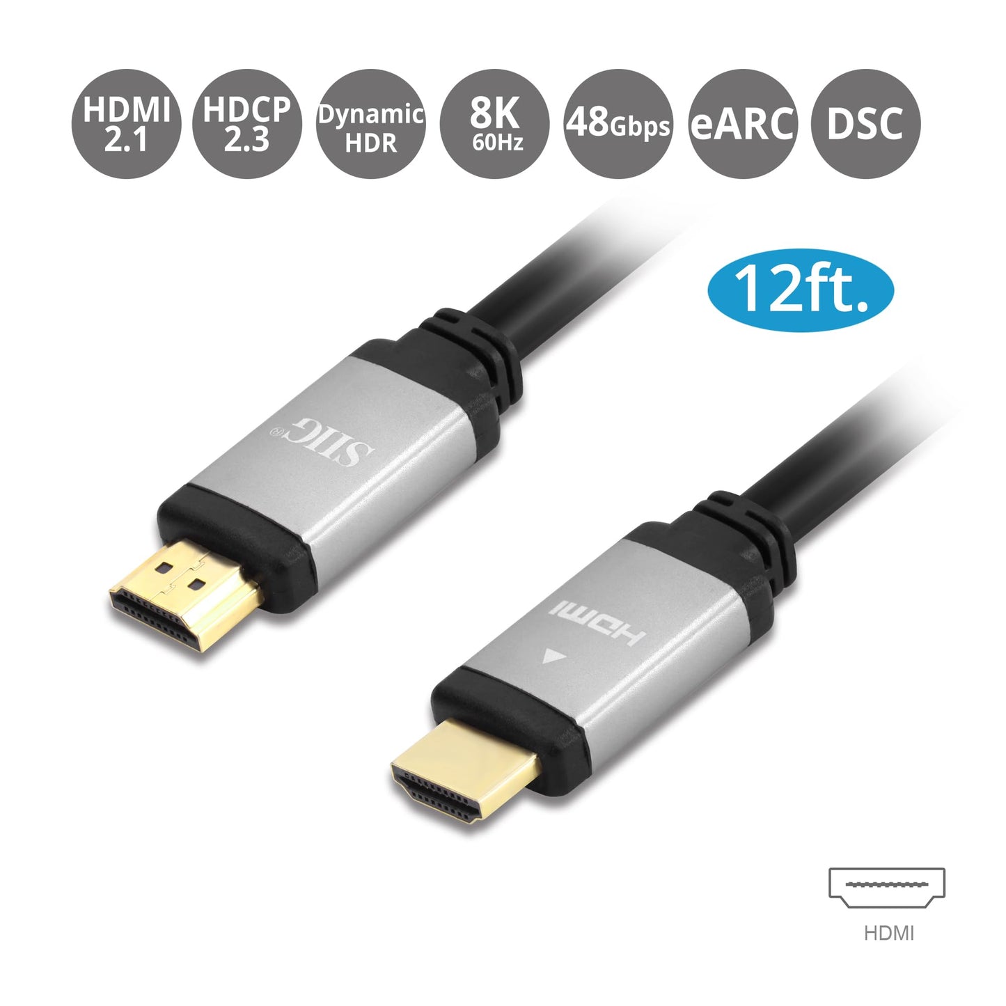 SIIG Ultra High Speed HDMI Cable - 12ft, HDMI 2.1 Cable, Supports high Resolution up to 8K@60Hz, 48Gbps, HDCP 2.2, Dynamic HDR, eARC, Gold Plated