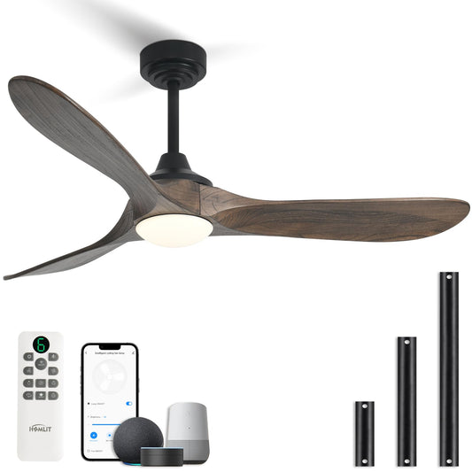 Homlit 52” Outdoor Ceiling Fan with Light, Compatible with Alexa/Google, 3 Walnut Solid Wood Blade, Noiseless Reversible Dc Motor, Smart Outdoor Wood