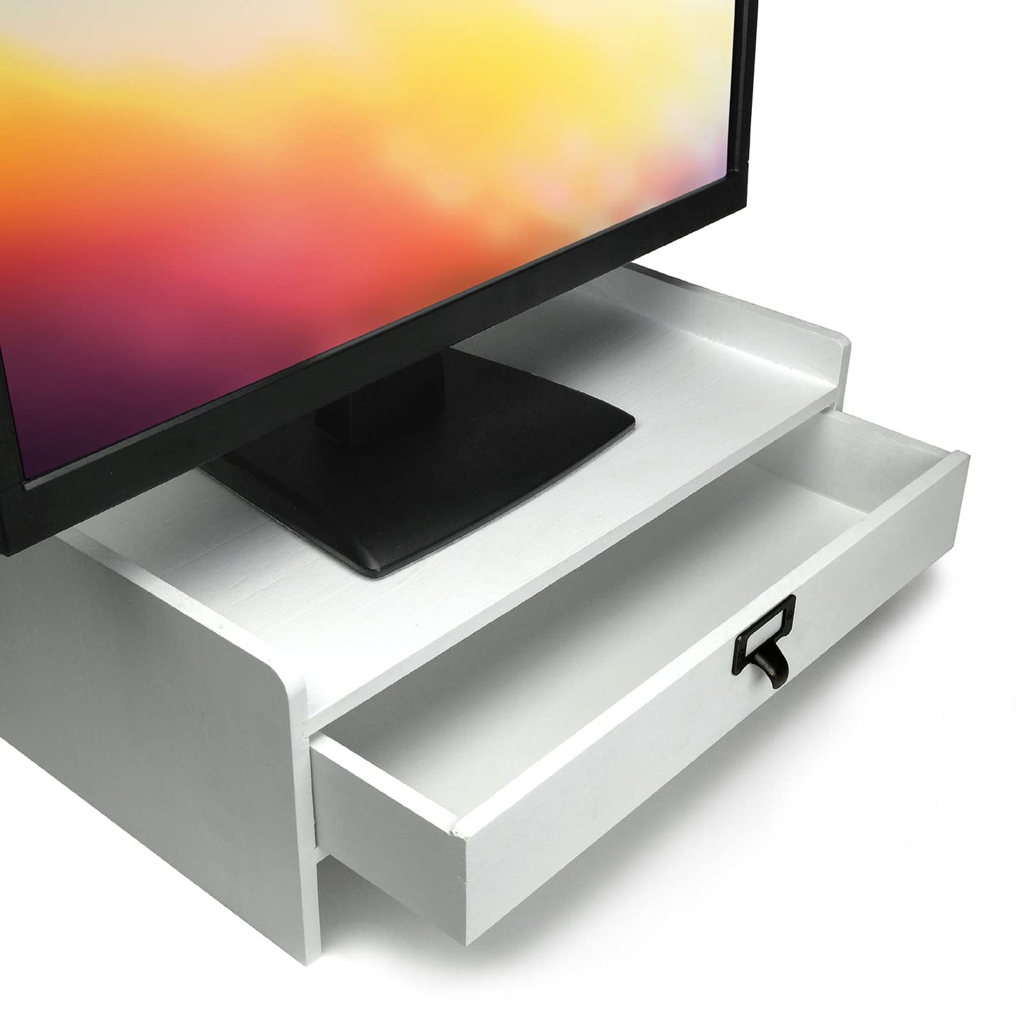 EXCELLO GLOBAL PRODUCTS Wooden Monitor Stand: Includes Drawer for Desktop Organization of Notebooks, Pens, Pencils & Office Supplies (White)