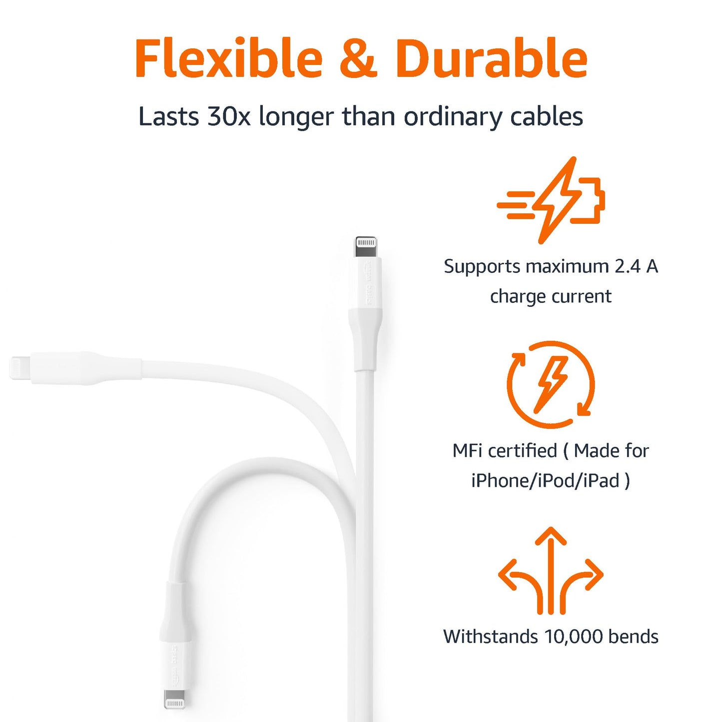 Amazon Basics MFi Certified USB-A to Lightning Charger Cable for Apple iPhone iPad, 10 Foot White, 1-Pack