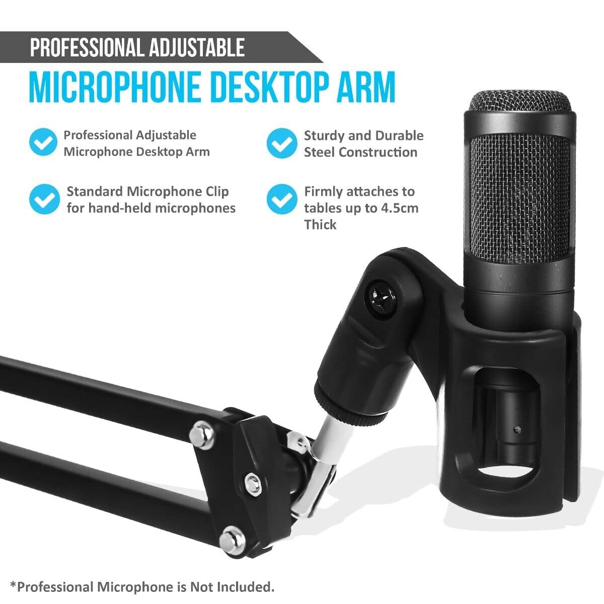 StreamEye BOOMARM1 Boom Arm Mic Stand with Desktop Mount (Pair), Detachable Clips, Professional Grade XLR Cables, Microphone Pop Filters and Cable