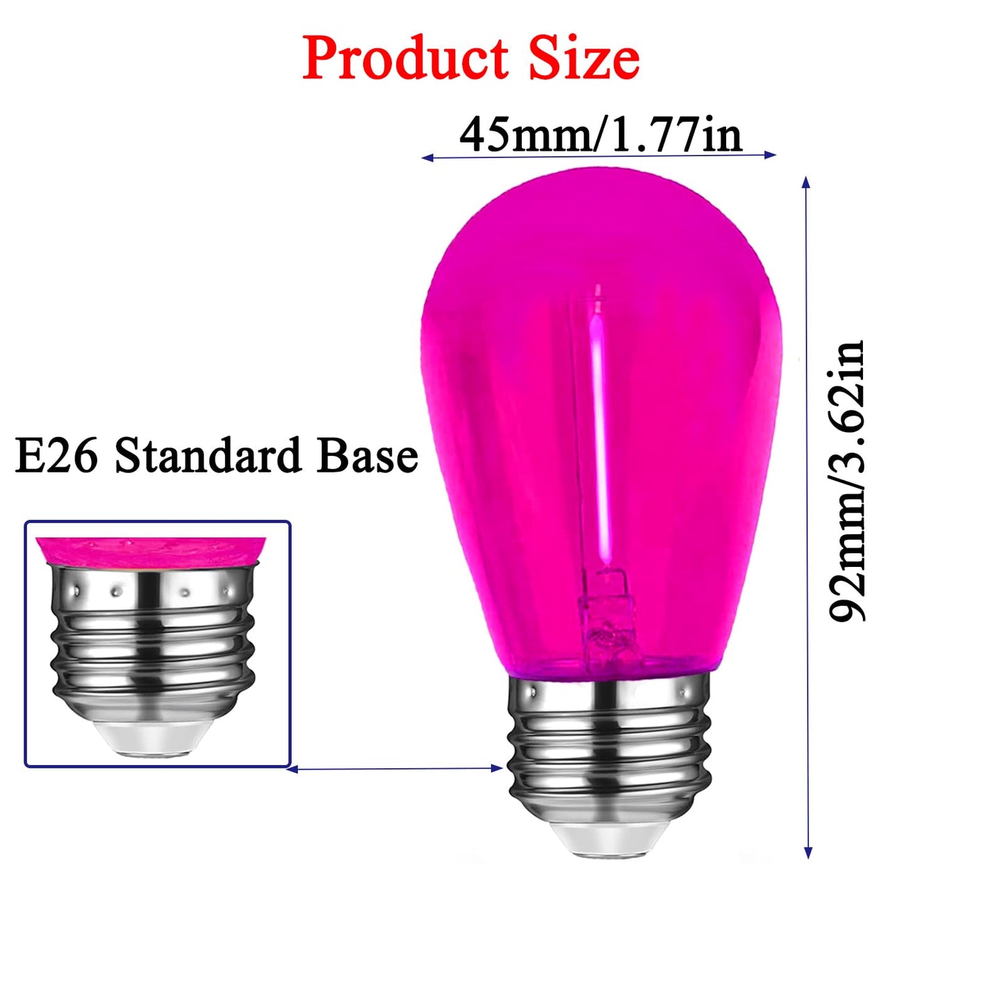 S14 Pink LED Bulb 1W Shatterproof Replacement Light Bulb E26 Base LED Filament Edison Colored Lights Waterproof Outdoor String Replacement Bulbs