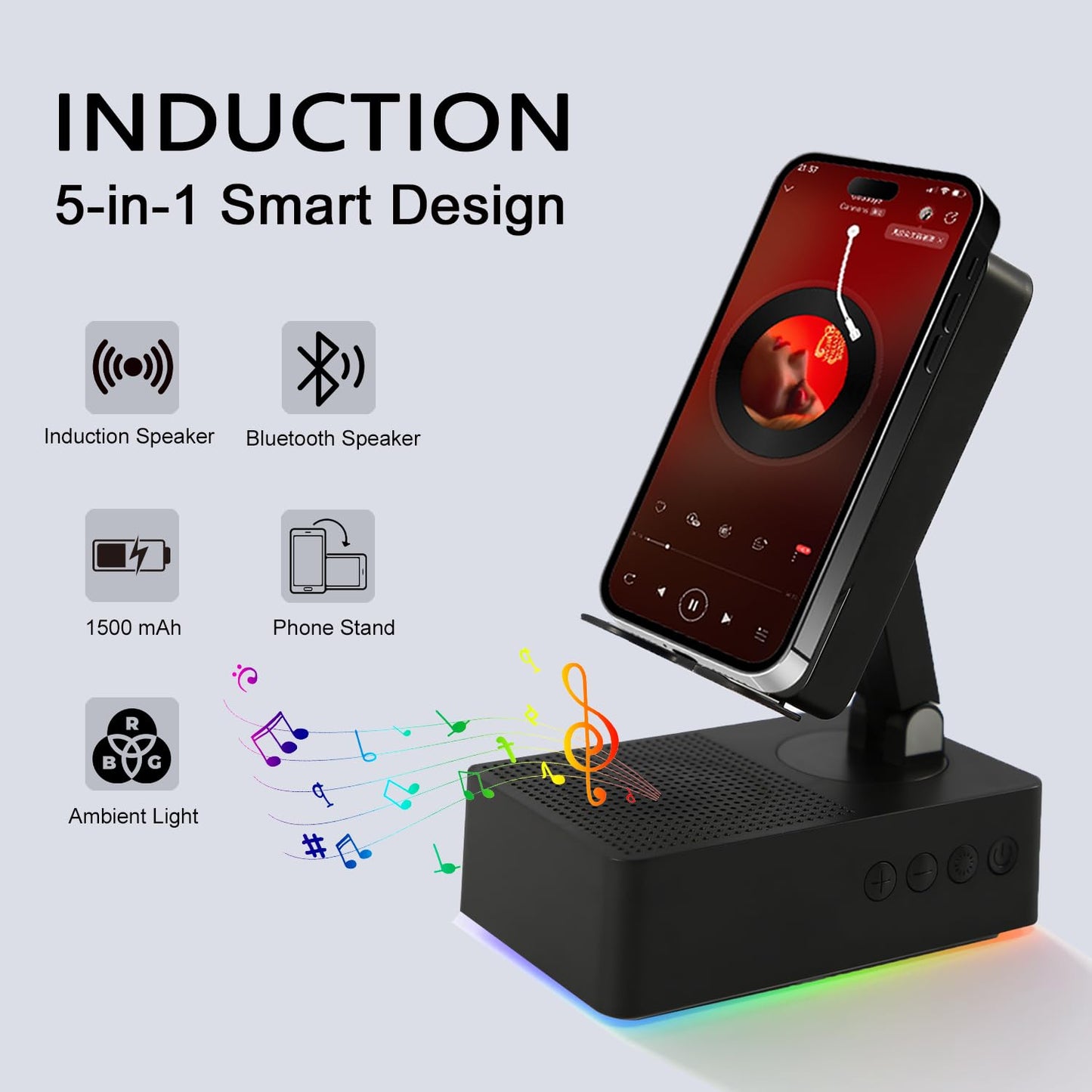 TuneEIf Wireless Induction Bluetooth Speaker, 5-in-1 Foldable Phone Holder, 1500mAh Emergency Charging, Colorful LED Ambient Light, Tech Gadgets Gifts