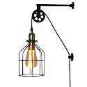 Antique Cage Hanging Wall Sconces Plug in for Bedroom Living Room , Adjustable Pulley Wall Lamp Light Fixture for Bedside Reading ,Farmhouse