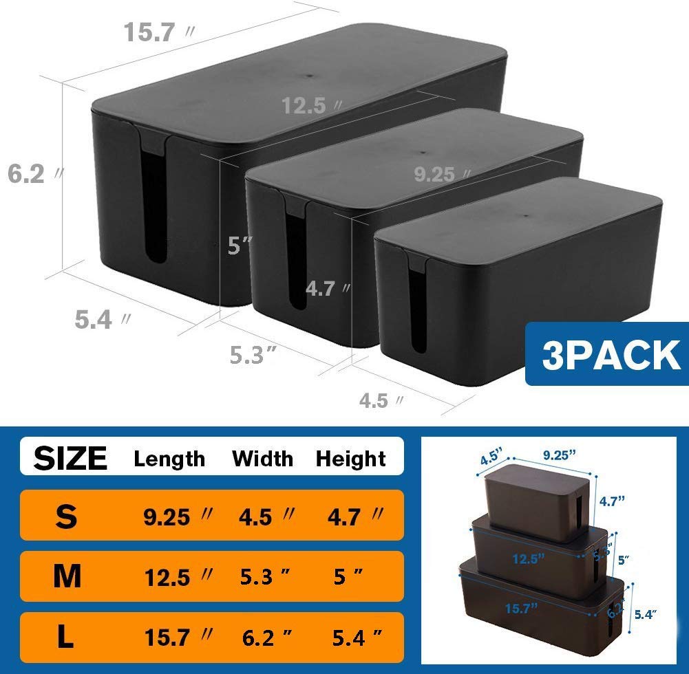 [Set of Three] Cable Management Boxes Organizer, Large Storage Wires Keeper Holder for Desk, TV, Computer, USB Hub, System to Cover and Hide & Power