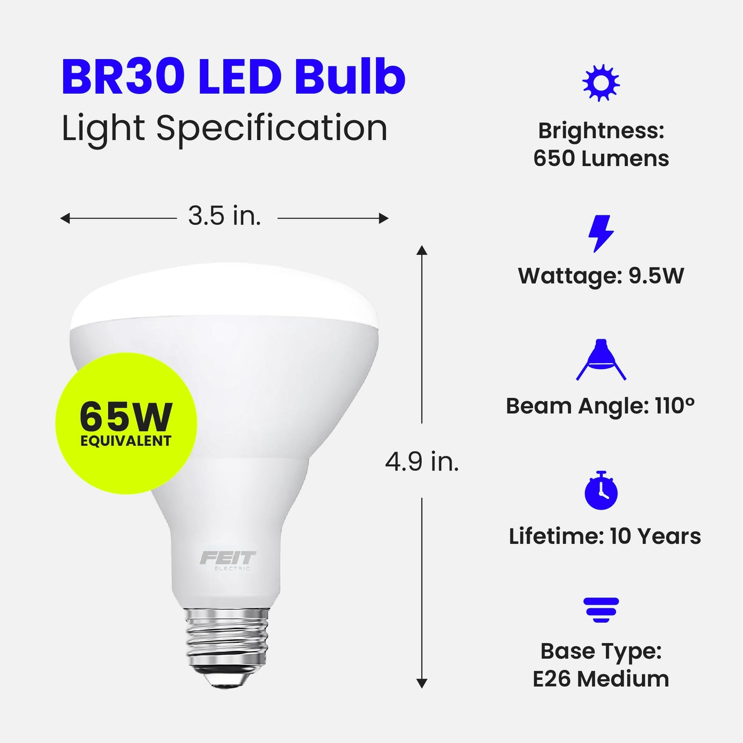 Feit Electric BR30 LED Light Bulbs, 65W Eq, Daylight, 3 Pack