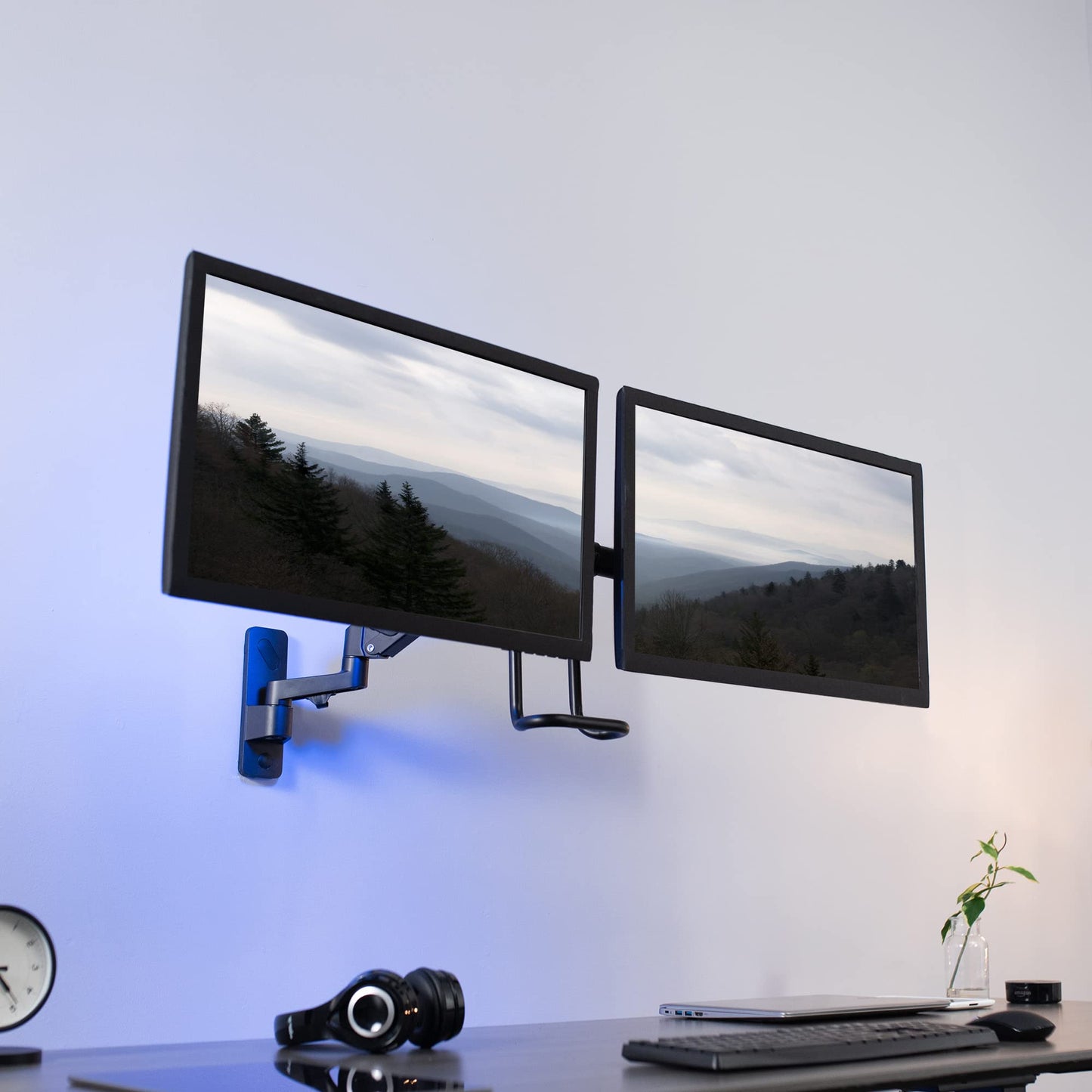 VIVO Premium Aluminum Single or Dual Monitor Pneumatic Arm Wall Mount for 2 Screens up to 27 inches or 1 Ultrawide up to 49 inches, Sliding VESA