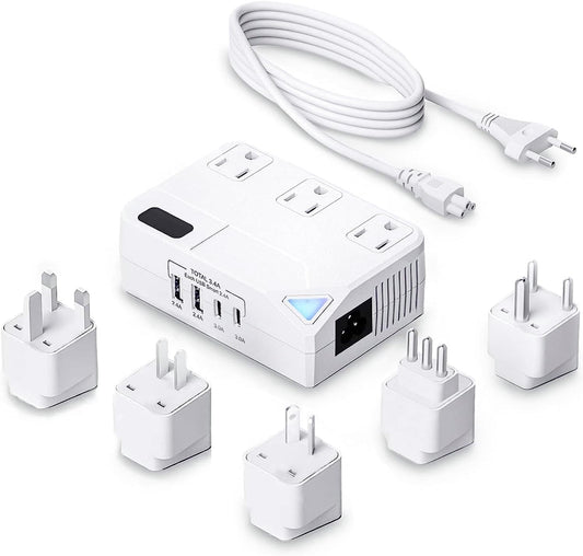 WAUDM Universal 100V-220V Travel Converter，250W Voltage Converter with 2 USB and 2 USB-C Charging Ports and 3 AC Plugs for curlers, straighteners…