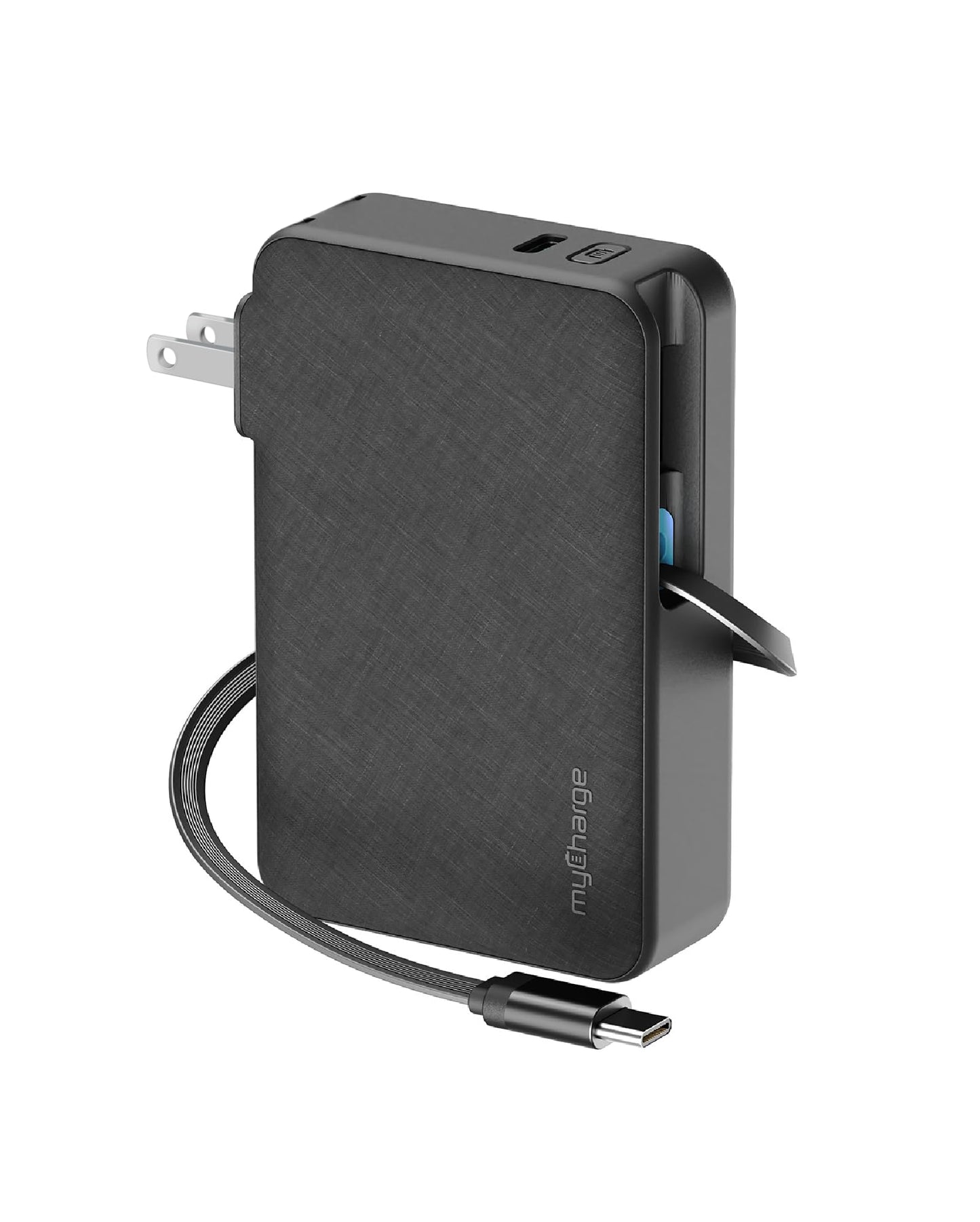 myCharge RetractaCharger 5000mAh Portable Charger Power Bank with 28-Inch Retractable USB-C Cable | Premium Fabric | Built-in Wall Plug | Digital