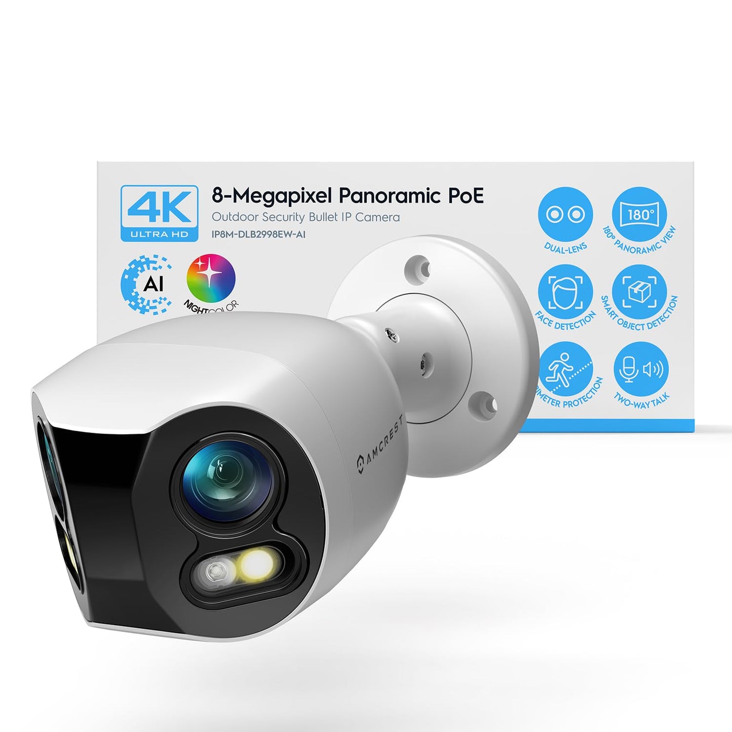 Amcrest Dual-Lens 4K (8MP) Outdoor Security POE Camera, 2 x 4MP Lenses PoE AI Bullet IP Camera, 65ft Night Color, Face Detection, Panoramic 180° FOV