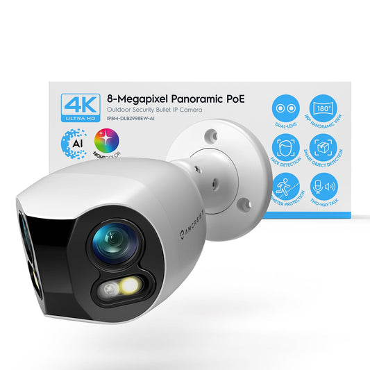 Amcrest Dual-Lens 4K (8MP) Outdoor Security POE Camera, 2 x 4MP Lenses PoE AI Bullet IP Camera, 65ft Night Color, Face Detection, Panoramic 180° FOV