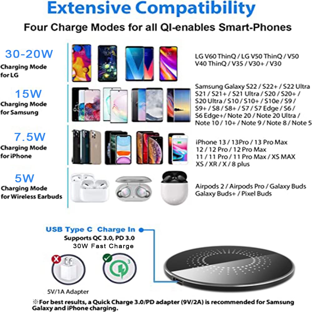 30W Wireless Charger Pad, Wireless Charge 30W, Fast Wireless Charger, Wireless Charging Compatible with Samsung Galaxy S23/S22/S21/S20, Fast Charger