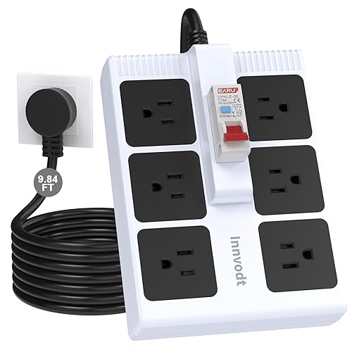 GFCI Power Strip with 9.84ft Heavy Duty Extension Cord, 6-Gang (1875W/15A) with 30mA RCBO Circuit Breaker for Home, Workshop, Garage, Covered Outdoor