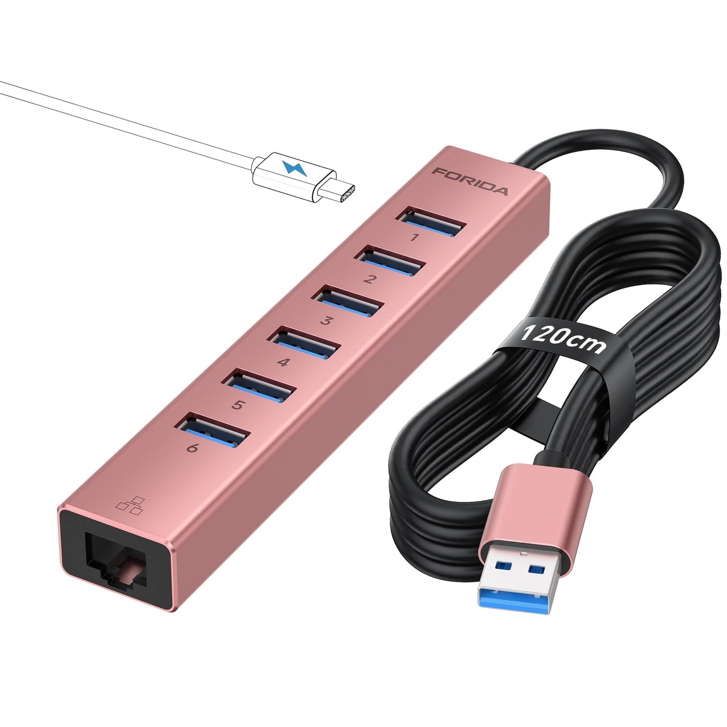 Aluminum USB 3.0 Adapter USB to Ethernet HUB with 120CM Long Cable for Laptop USB Extender with Gigabit Ethernet Port and 5V/3A Power Port 7 Ports USB