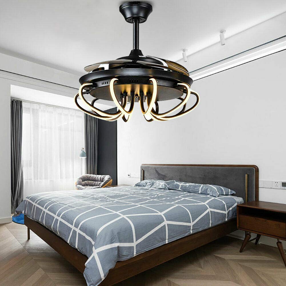 YIYIBYUS 42 Inch Ceiling Fan Light LED Chandelier 3 Colors Lamp Retractable with Controller Control,Chandelier Fan for Indoor Kitchen Bathroom Dining