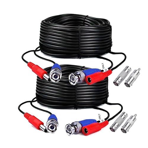 2-Pack 60ft Black Pre-Made All-in-One BNC Male to Male Video and Power Cable Wire Cord with RCA Connector for CCTV Security Camera