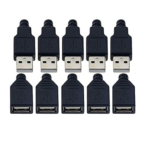 VizGiz 10 Pack USB Plug Replacement 4 PIN Type A Female Male Socket Connector Solder Terminal Repair AWG Wire Cable DIY Kit Jack for Fan LED Strip