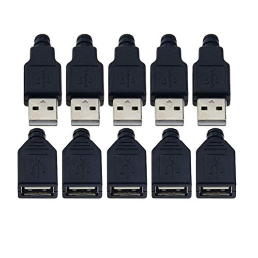 VizGiz 10 Pack USB Plug Replacement 4 PIN Type A Female Male Socket Connector Solder Terminal Repair AWG Wire Cable DIY Kit Jack for Fan LED Strip