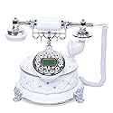 Vintage Rotary Phone, White Home Desk European Style Dial Telephone Handset Landline Phone Caller ID Check