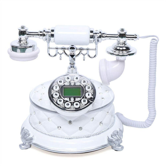 Vintage Rotary Phone, White Home Desk European Style Dial Telephone Handset Landline Phone Caller ID Check