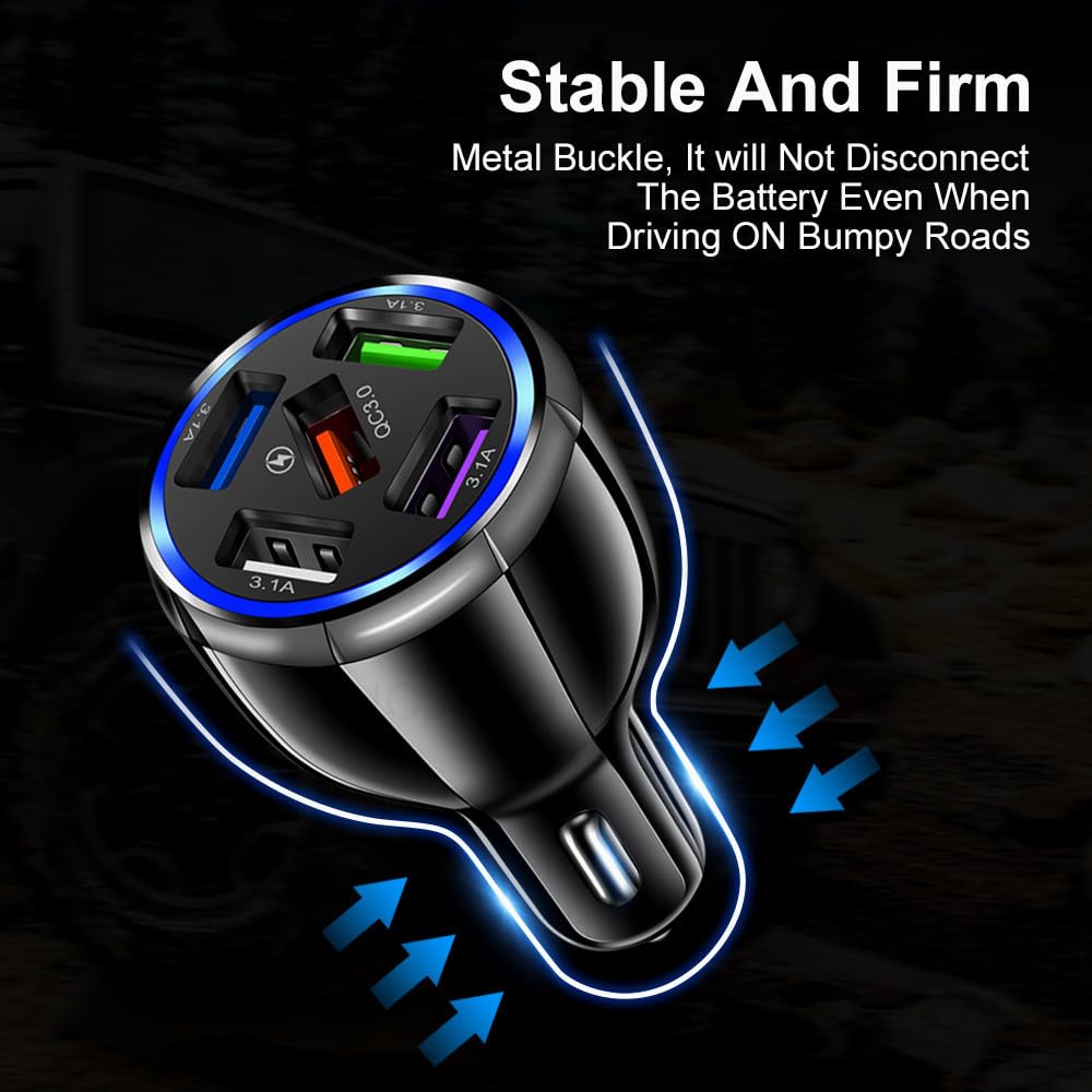 Alanph Car Charger Adapter, 5 Port QC3.0 Fast Charging Car Cigarette Lighter USB Charger, Compatible with iPhone, Android, Samsung, iPad Pro, and More