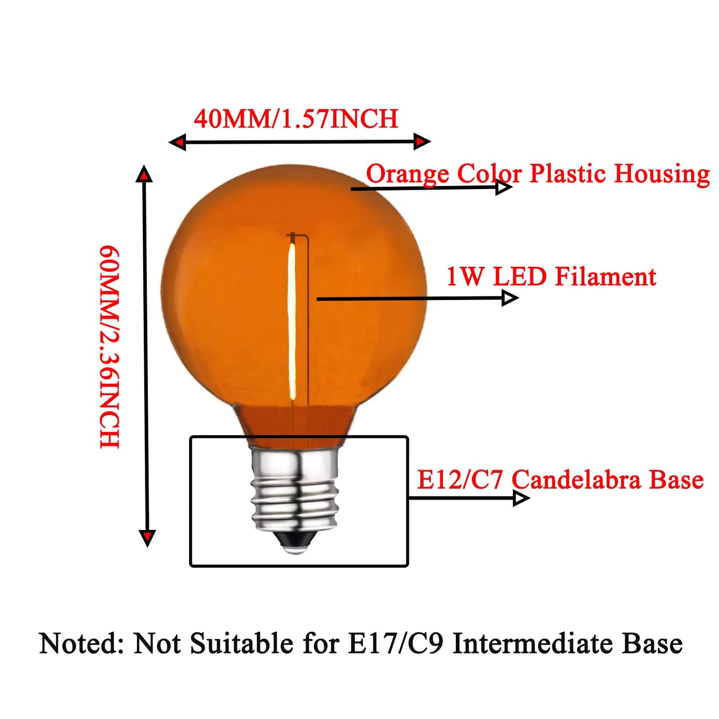 LRSUEYSKIN G40 Orange LED Replacement Bulb 1W Decorative Light Bulbs Shatterproof Waterproof LED Outdoor String Lights Night Light E12/C7 Candelabra