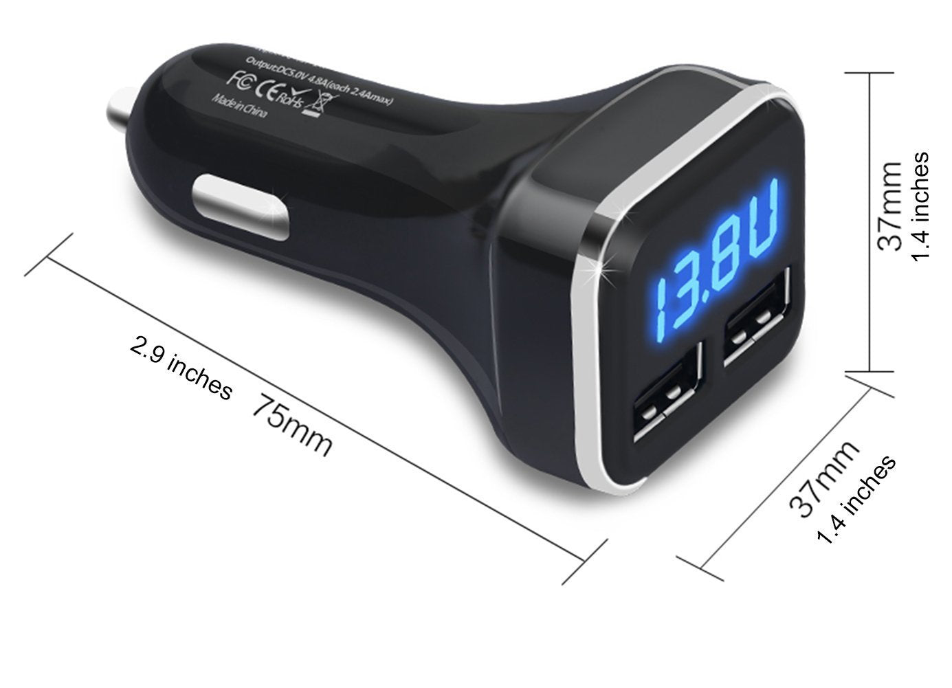Jebsens 4.8A 24W Dual USB Car Charger Volt Meter Car Battery Monitor with LED Voltage & Amps Display, Cigarette Lighter Adapter, Compatible