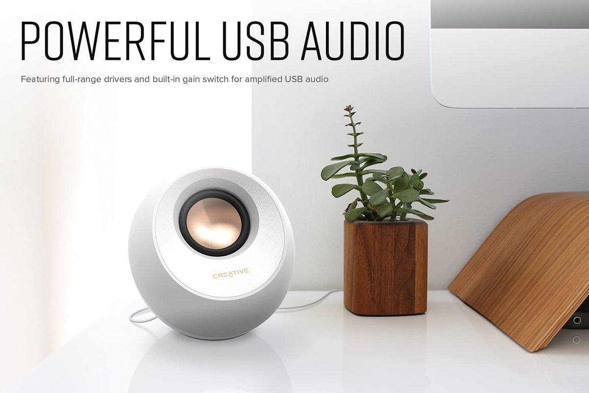 Creative Pebble V3, 2.0 USB-C Desktop Speakers, Bluetooth 5.0, White, USB-A
