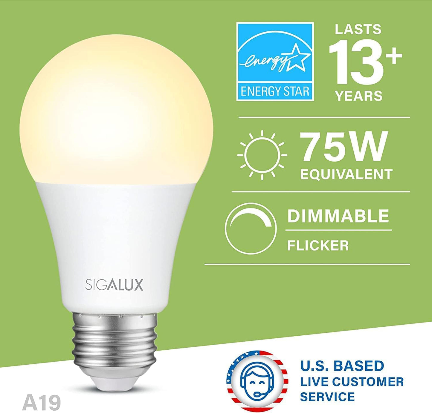 Sigalux A19 LED Light Bulb Energy Star Certified, 75 Watt Equivalent, Dimmable LED Bulb Soft White 2700K 1100LM 11.5W, E26 Standard Led Bulbs, UL