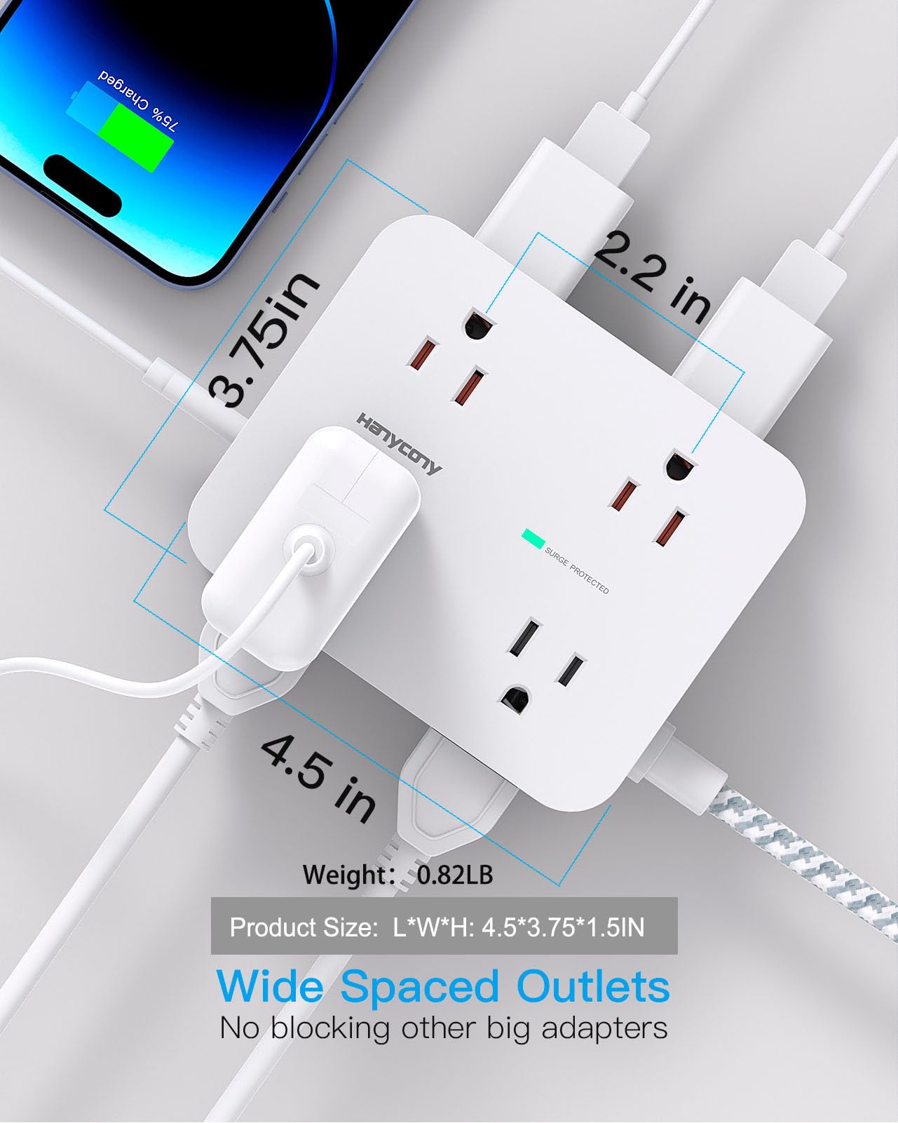 Surge Protector Power Strip - HANYCONY 8 Outlets 4 USB (2 USB C) Charging Ports, Multi Plug Outlet Extender, 5Ft Braided Extension Cord, Flat Plug