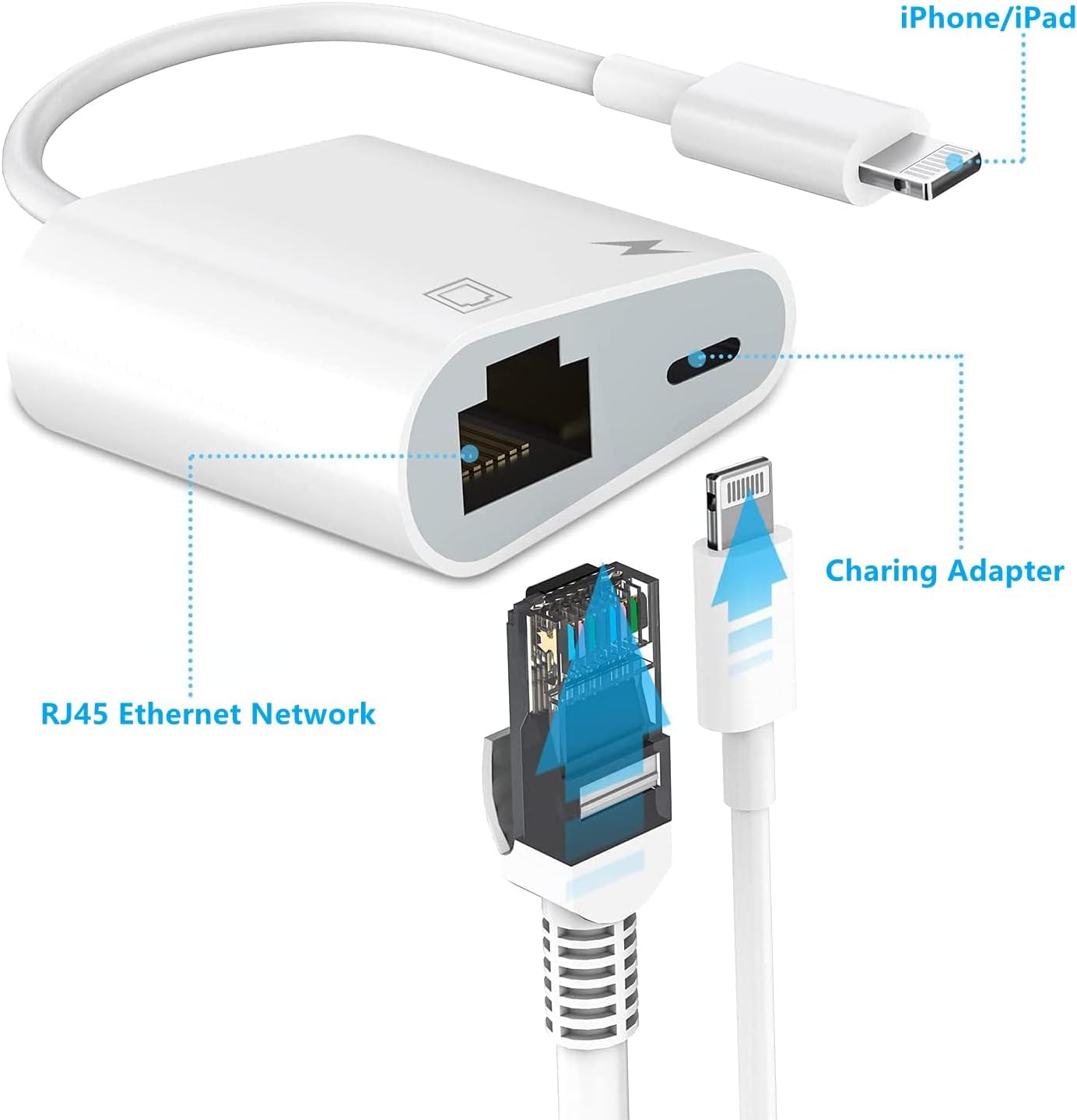 Lightning to Ethernet Adapter with Charging for iPhone/iPad [Apple MFi Certified] 2 in 1 RJ45 Ethernet High Speed iPhone LAN Network Adapter Support