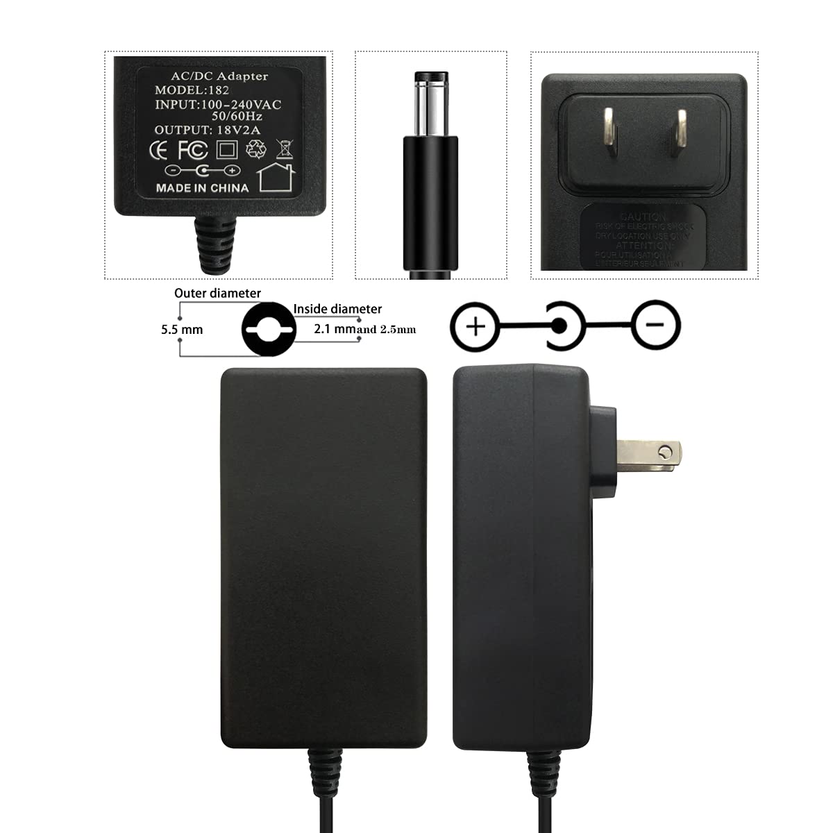 18V 2A 36W AC/DC Power Supply Adapter, Wall, Center Positive DC Plug 5.5x2.1mm 5.5mmx2.5mm Compatible for 18 Volt 1A 1.1A 1.2A 1.3A 1.4A 1.5A 1.6A…