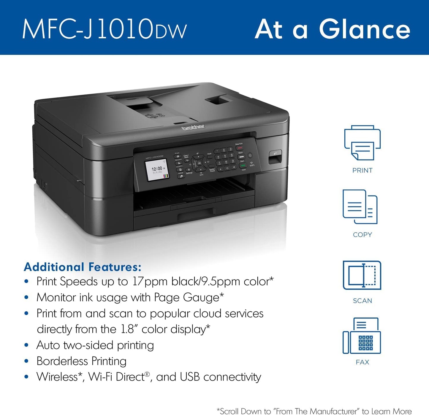 Brother MFC-J1010DW Wireless Color Inkjet All-in-One Printer with Mobile Device and Duplex Printing, Refresh Subscription and Amazon Dash