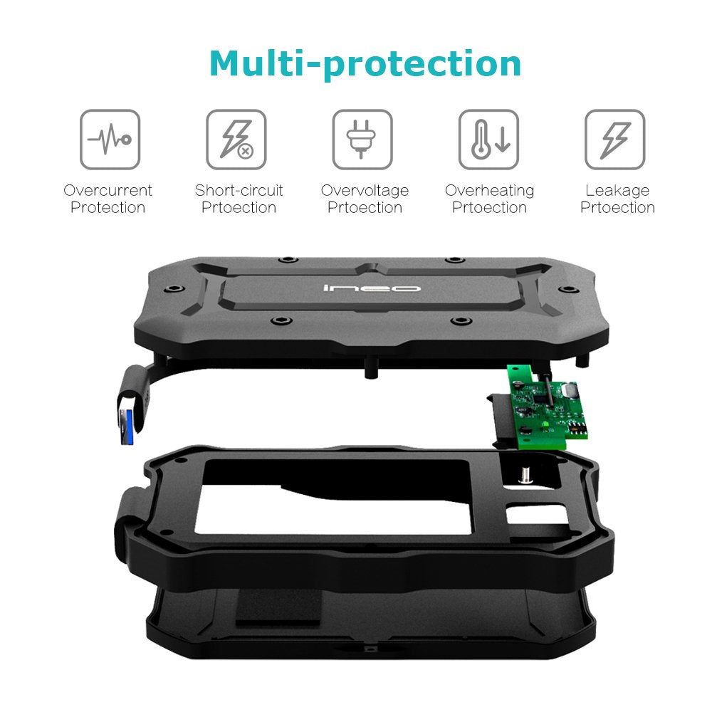 Ineo 2.5" USB 3.0 Type A Rugged Waterproof & Shockproof External HDD Enclosure - IP66 Rated, Compatible with PS5, Xbox, Laptops, MacBook, WD, Seagate