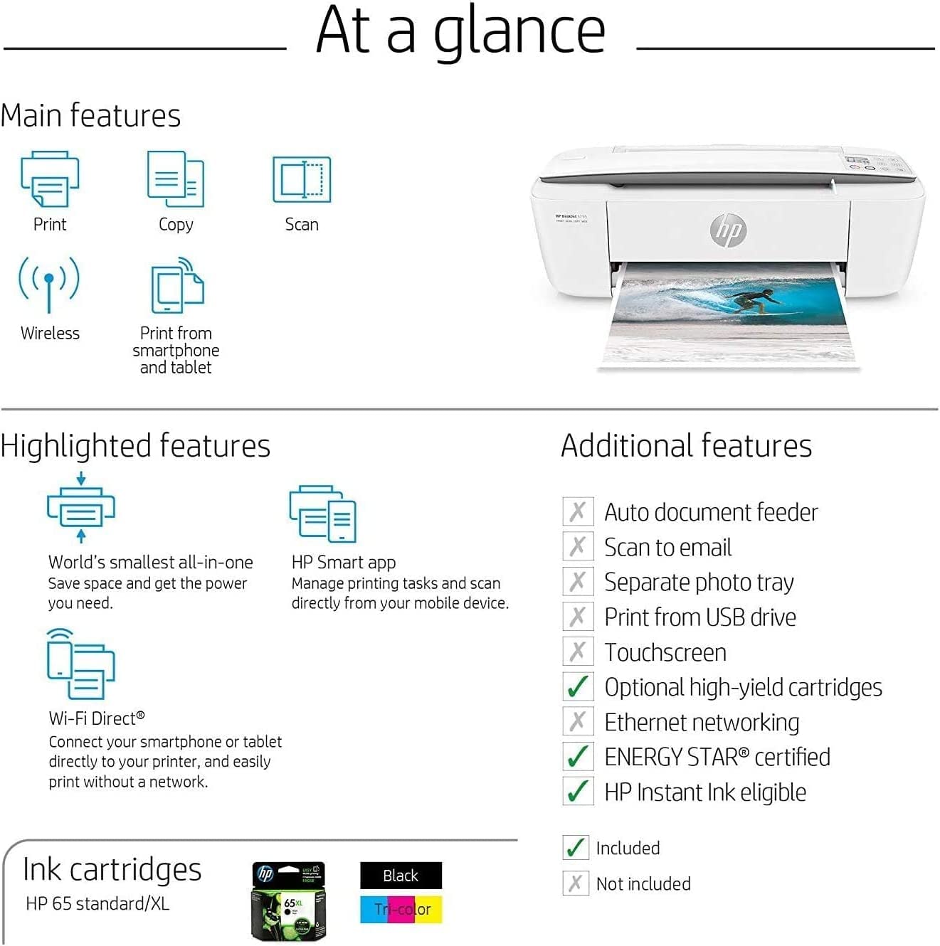HP DeskJet 3755 Compact All-in-One Wireless Printer with WiFi Mobile Printing, Scanner - Copier - Instant Ink Cartridge ready - Black/ Color Combo