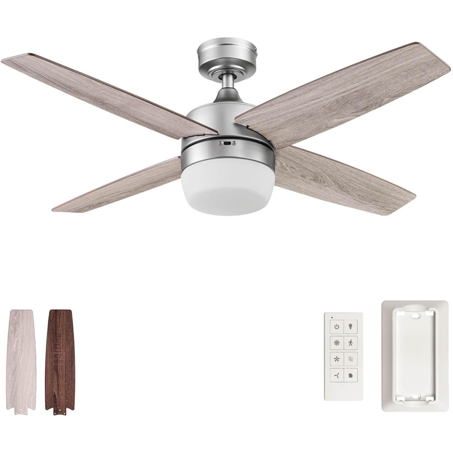 Prominence Home Atlas 44 Inch Modern Indoor LED Ceiling Fan with Light, Remote Control, Reversible Motor, and 4 Dual Finish Blades, Pewter