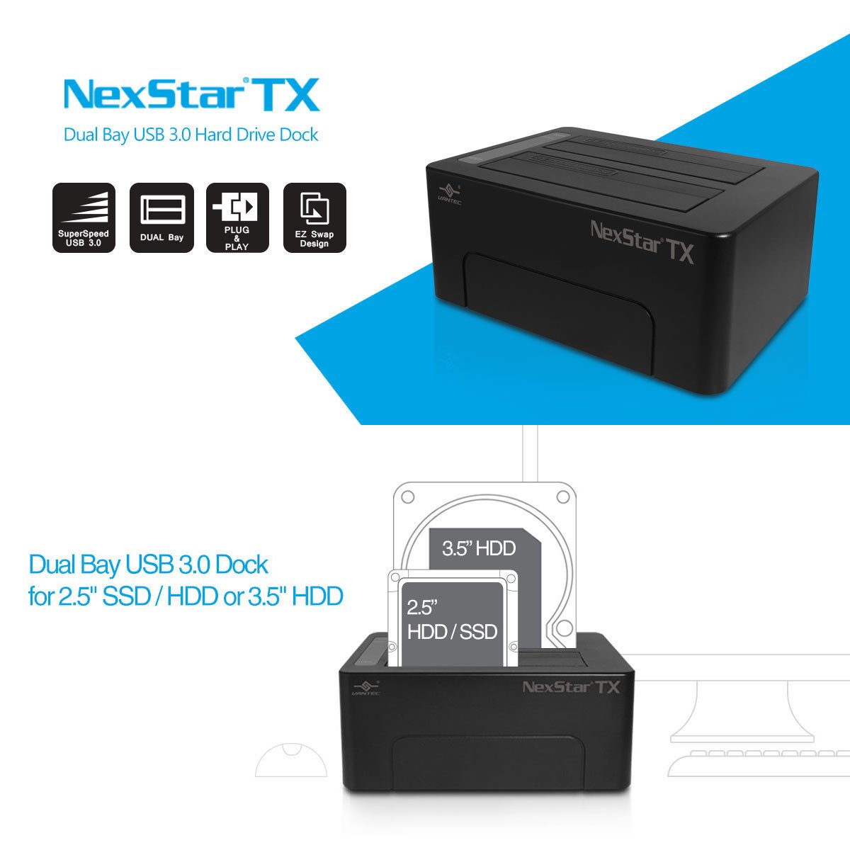 Vantec NexStar TX Dual Bay USB 3.0 Hard Drive Dock (NST-D428S3-BK)