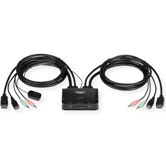 TRENDnet 2-Port 4K DisplayPort 1.2 KVM Switch with Audio, 4K UHD (3840 x 2160@60Hz), 3.5mm Speaker/Microphone, USB 2.0, Integrated Cables, Black