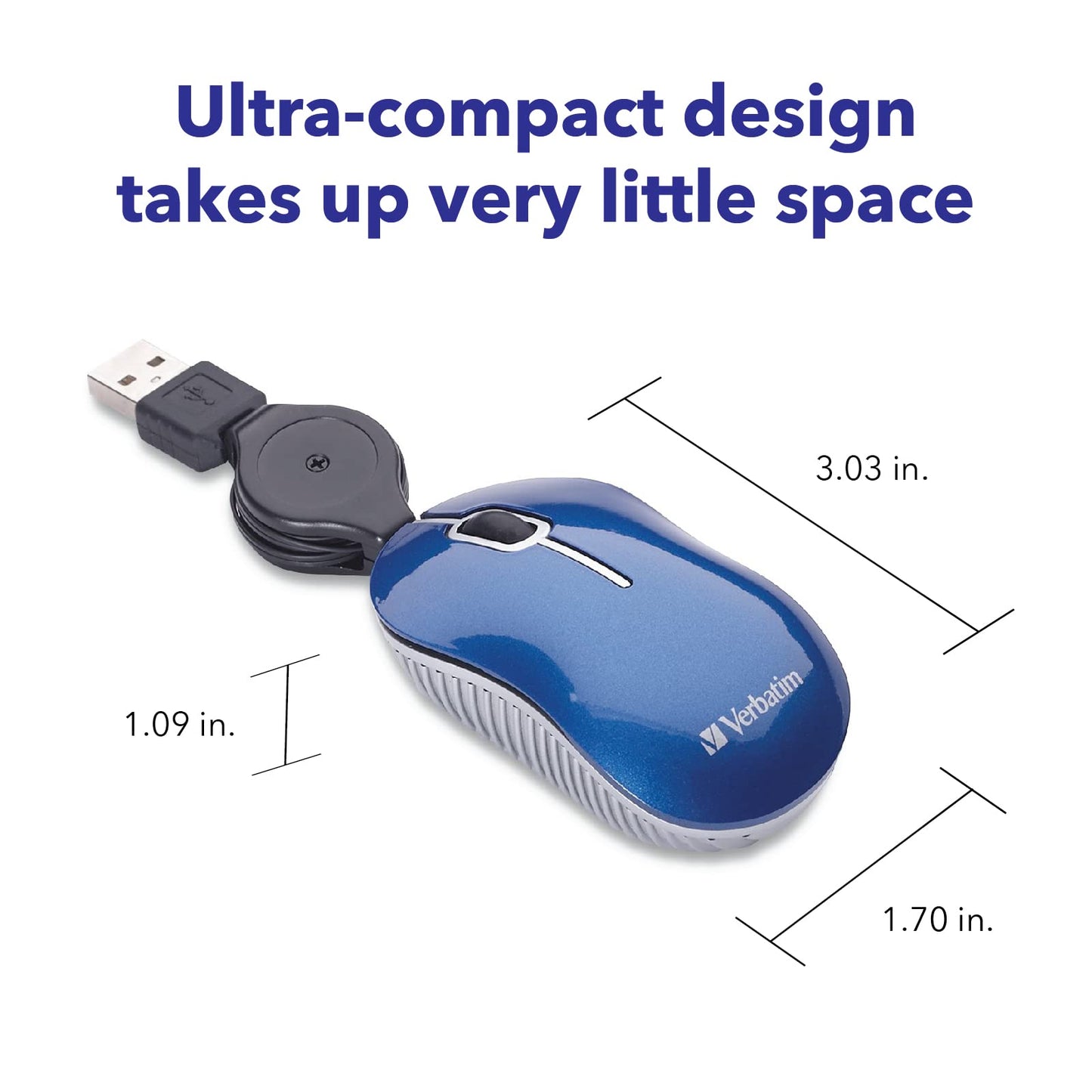 Verbatim Wired Optical Computer Mini USB-A Mouse - Plug & Play Corded Small Travel Mouse with Retractable Cable - Blue 98616