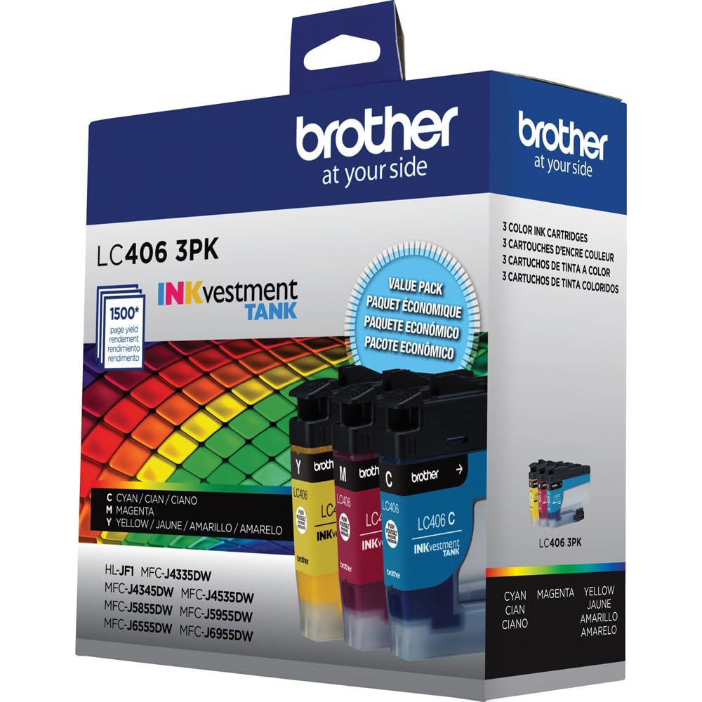 Brother Genuine LC406 3-Pack Color Standard Yield Ink Cartridges (Cyan, Magenta, Yellow) Bundle with Deco Essentials Printer eBook for MFC-J4335DW