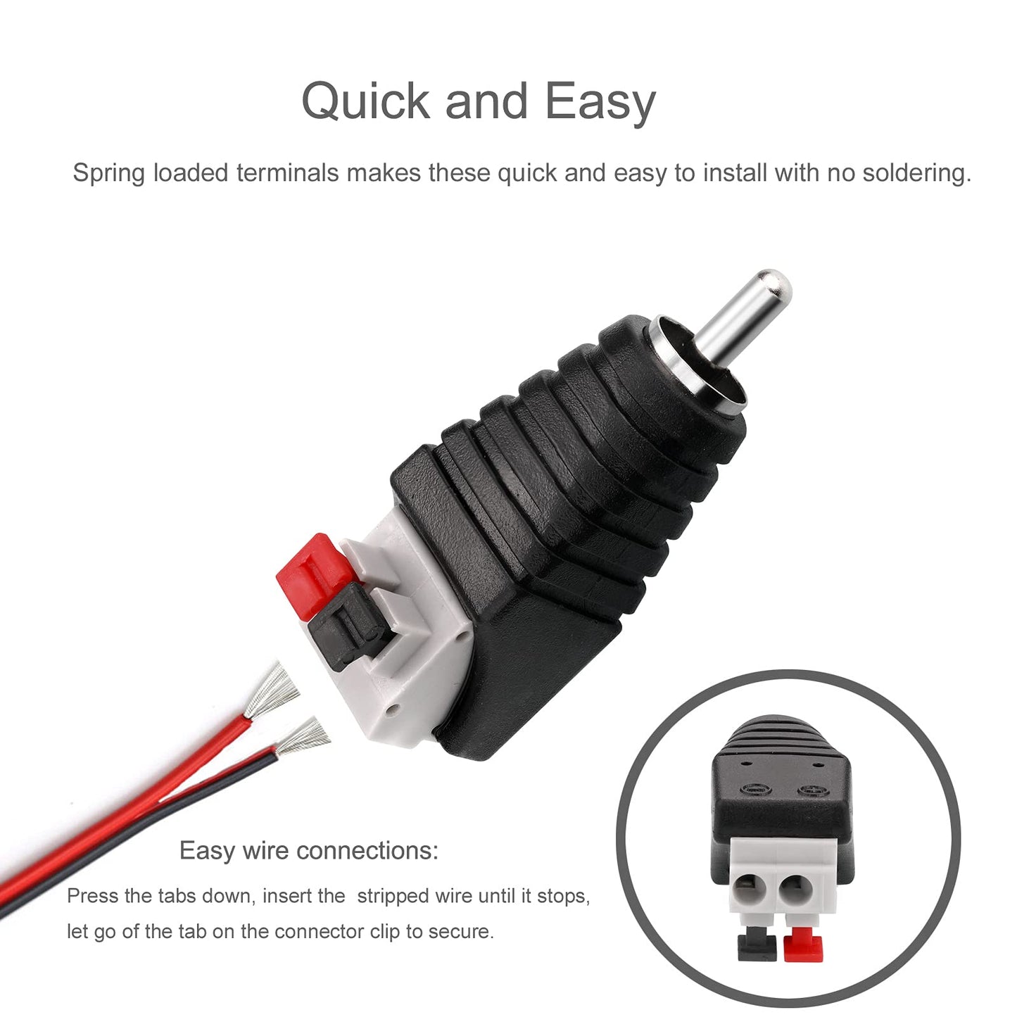 Borsuer RCA to Speaker Wires Adapter, 4Pcs RCA Male to Spring Press Type Terminal Speaker Wire Cable Converter Non-Soldering RCA Jacks