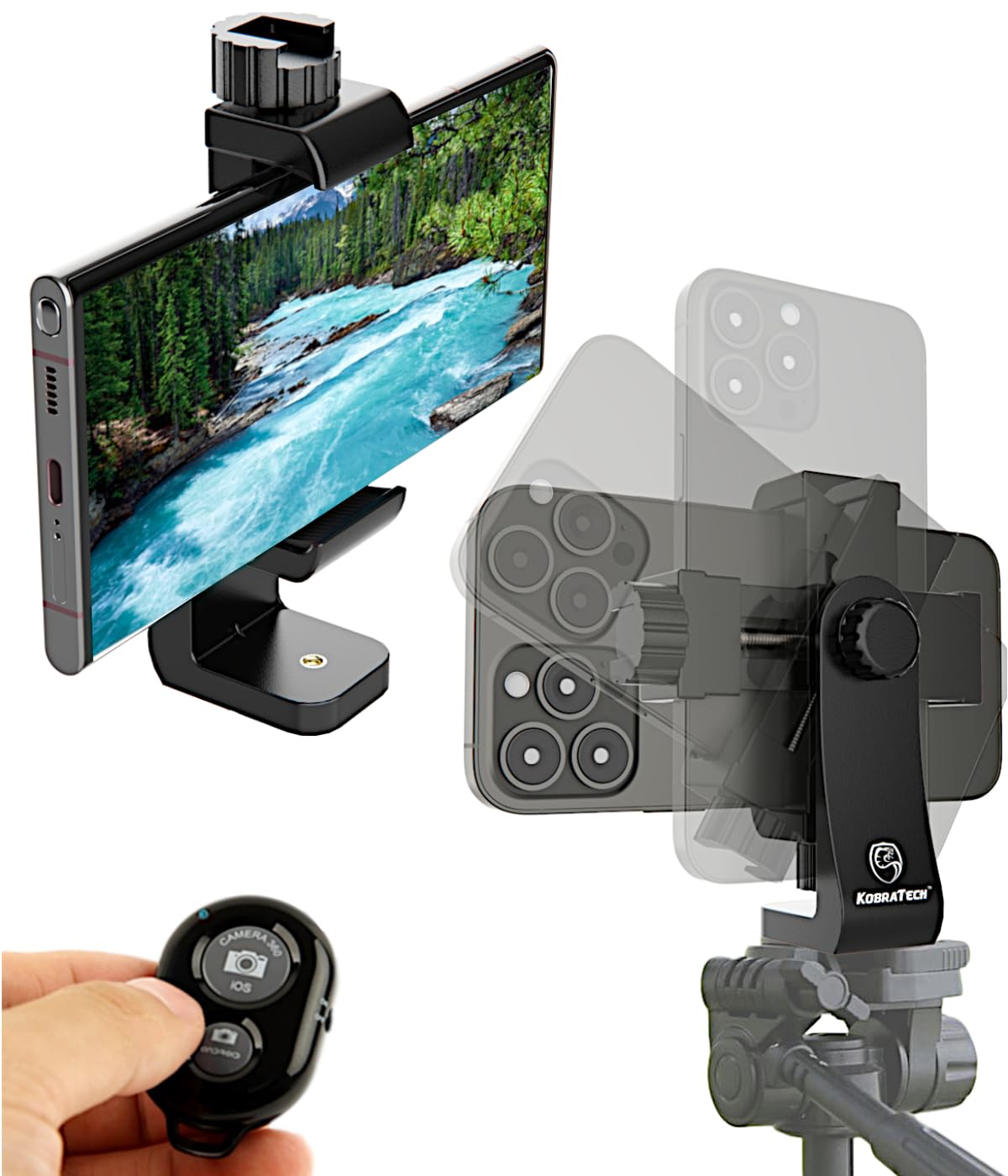 KobraTech iPhone Tripod Mount Adapter - Fits Any Smartphone - Includes Bluetooth Remote Shutter - UniMount 360 Universal Phone Holder for Tripod