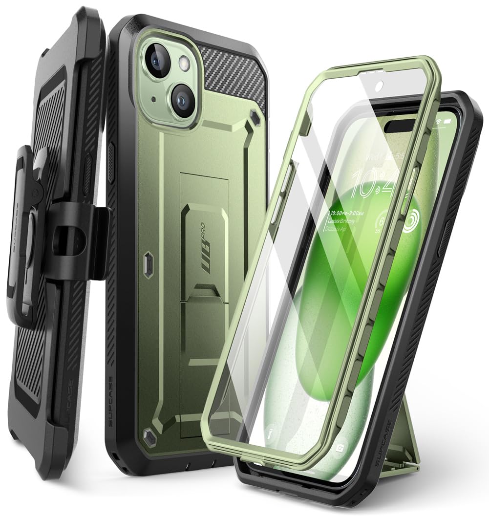 SUPCASE for iPhone 15 Case with Stand & Belt-Clip(Unicorn Beetle Pro), [Built-in Screen Protector] [Military-Grade Drop Protection] Heavy Duty Rugged