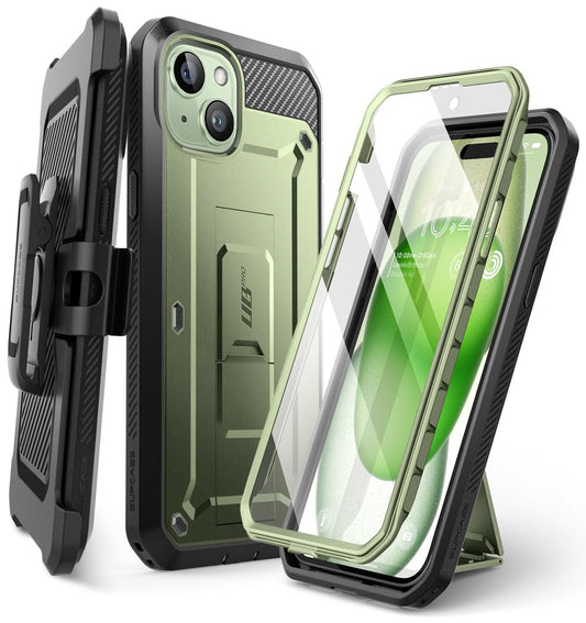 SUPCASE for iPhone 15 Case with Stand & Belt-Clip(Unicorn Beetle Pro), [Built-in Screen Protector] [Military-Grade Drop Protection] Heavy Duty Rugged