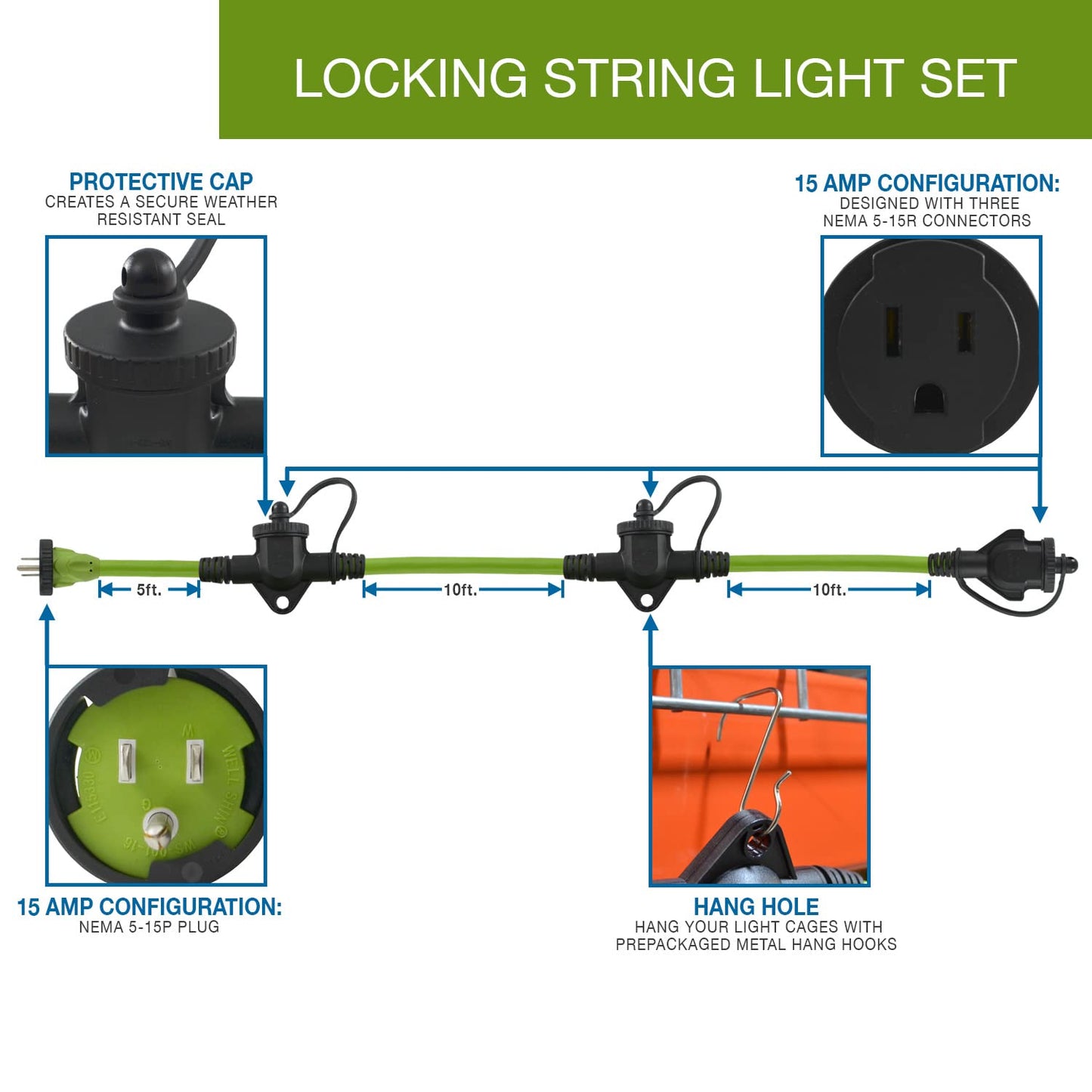 Conntek 25FT Inline Outlets Multifunction Extension Cords with 3 Detachable Light Cages