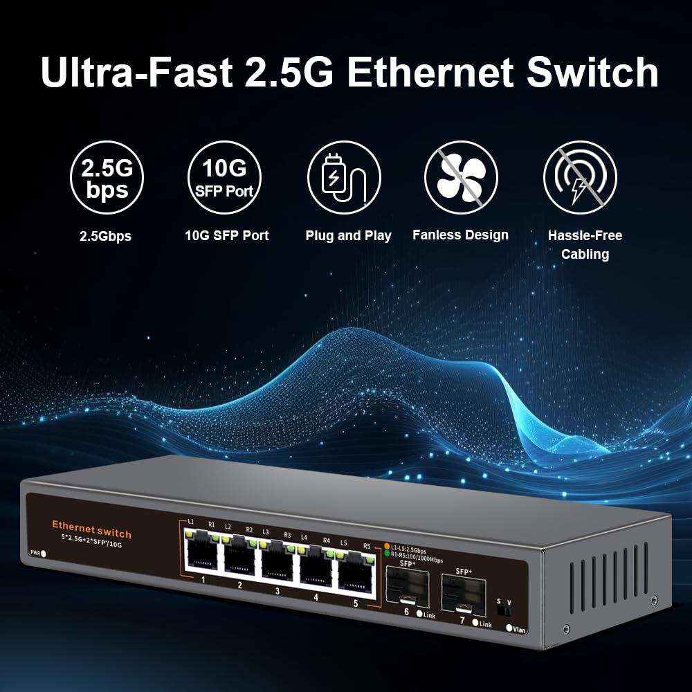 Davuaz 2.5G Unmanaged Ethernet Switch, 5 x 2.5G Base-T Ports, 2 x 10G SFP+ Uplink Ports, 100/1000/2500Mbps Compatible, Fanless Plug & Play, Metal