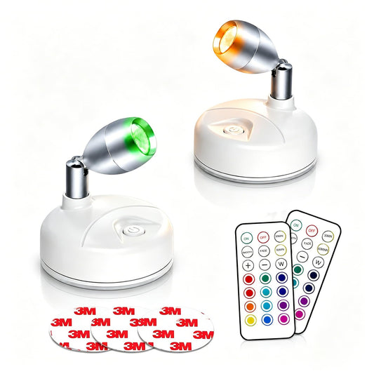 HFCDL Spot Lights Indoor Battery Operated Uplights with Remote, RGBW 13 Color Wireless LED Spotlights Mini Stick On Wall Accent Lights Rotatable Head