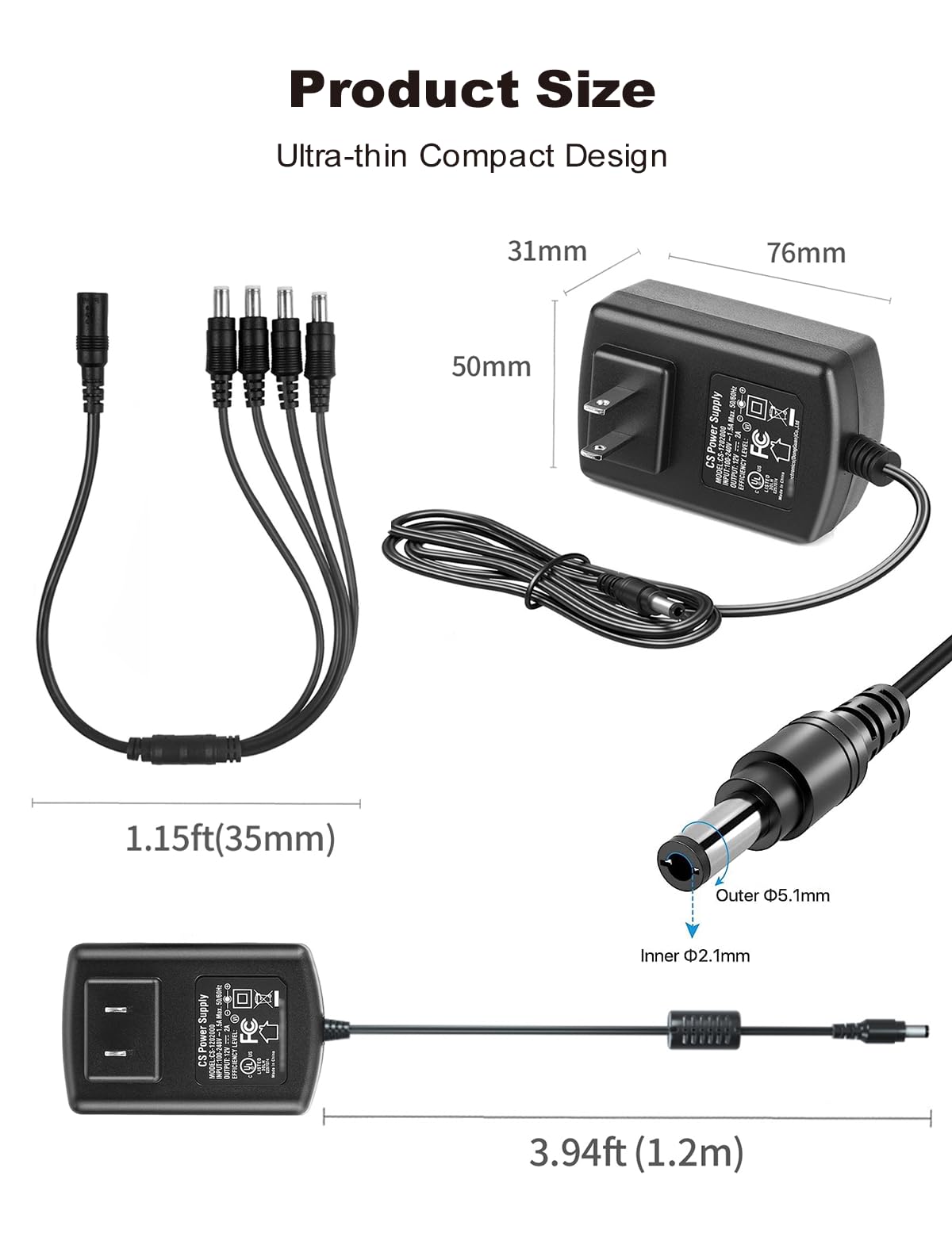 Lonnky DC 12V 2A Security Camera Power Adapter Combine with 1 to 4 Power Splitter for CCTV Security Camera System, UL/FCC Certificate for North