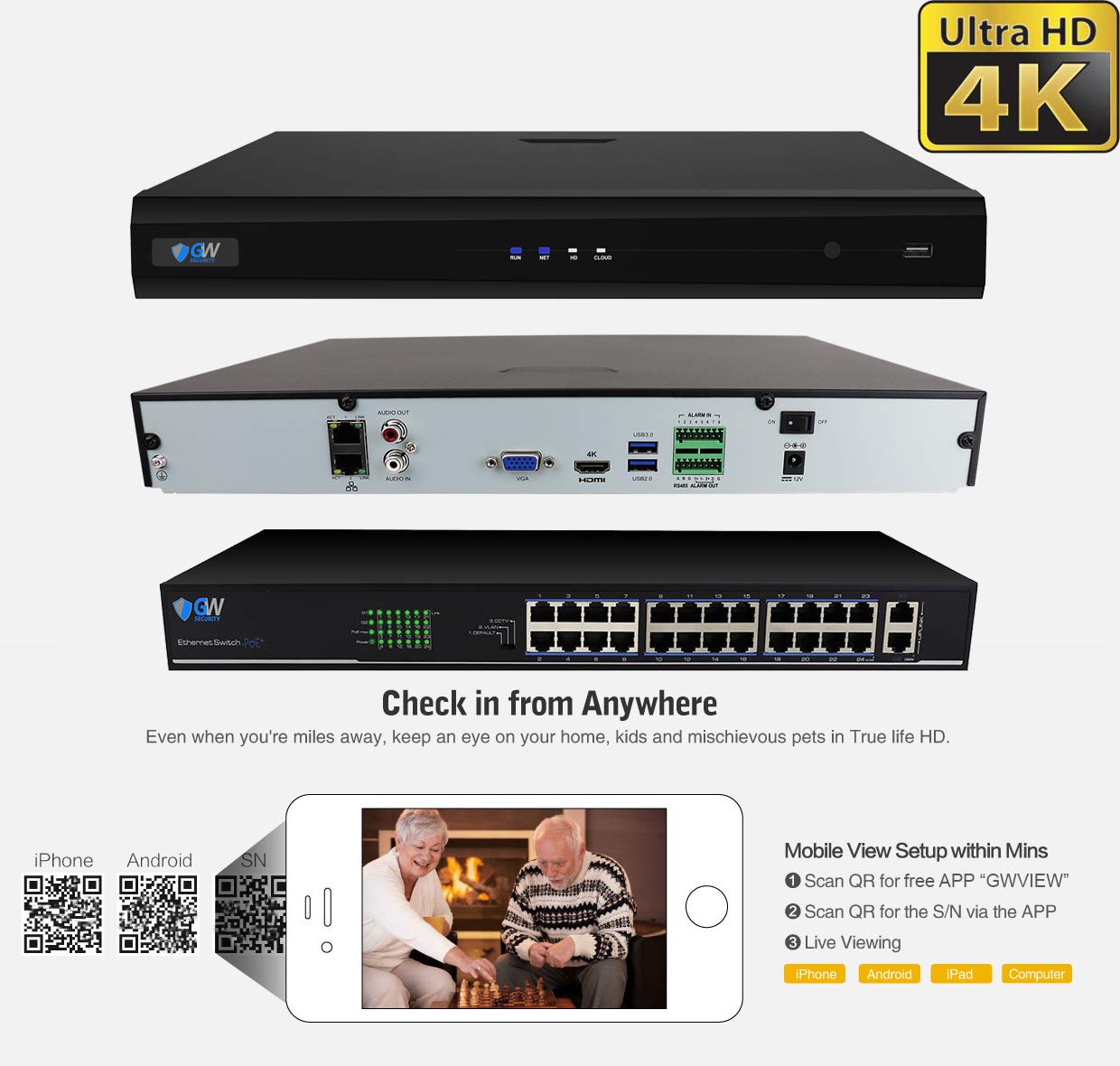 GW Security 32 Channel 4K NVR 8MP AI Human Detection Starlight Color Night Vision Security Camera System with 24 UHD 4K 2160P Microphone PoE